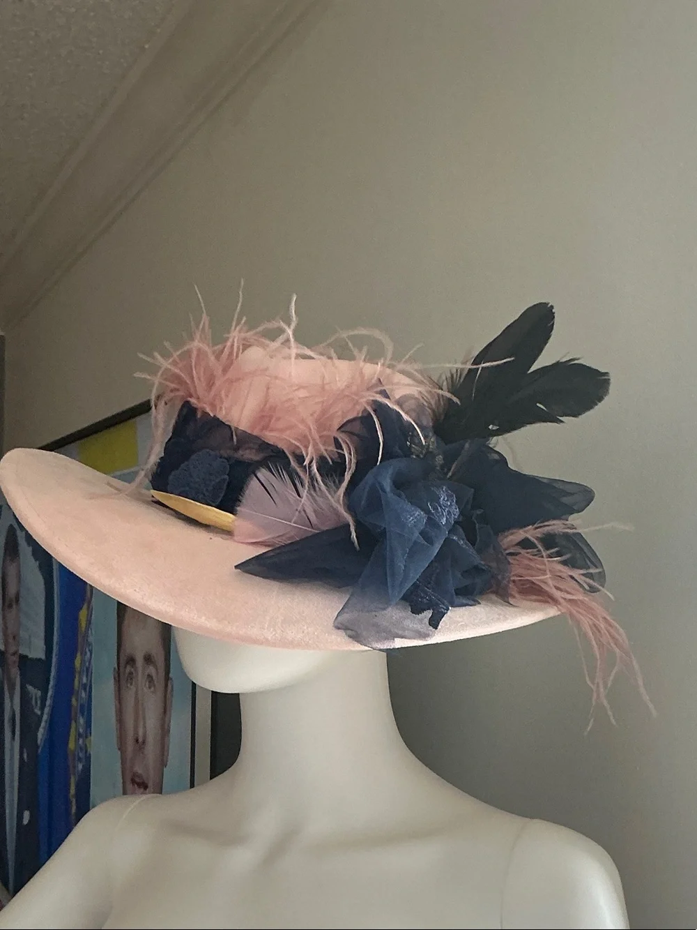 Current/Elliott Pink and Navy Feathered Wide-Brim Dress Hat